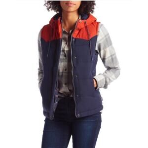 Patagonia Bivy Hooded Down Vest Sz M Women's Orange Blue Full Zip Outdoor Hiking